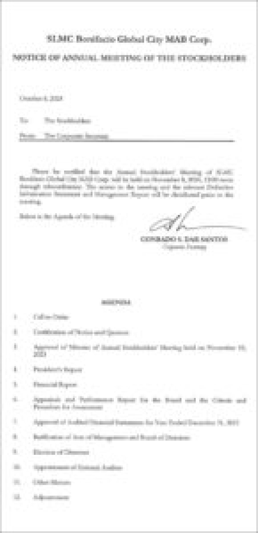 SLMC Bonifacio Global City MAB Corp. to hold Annual Stockholders’ Meeting on Nov. 8 through teleconference --[Reported by Umva mag]